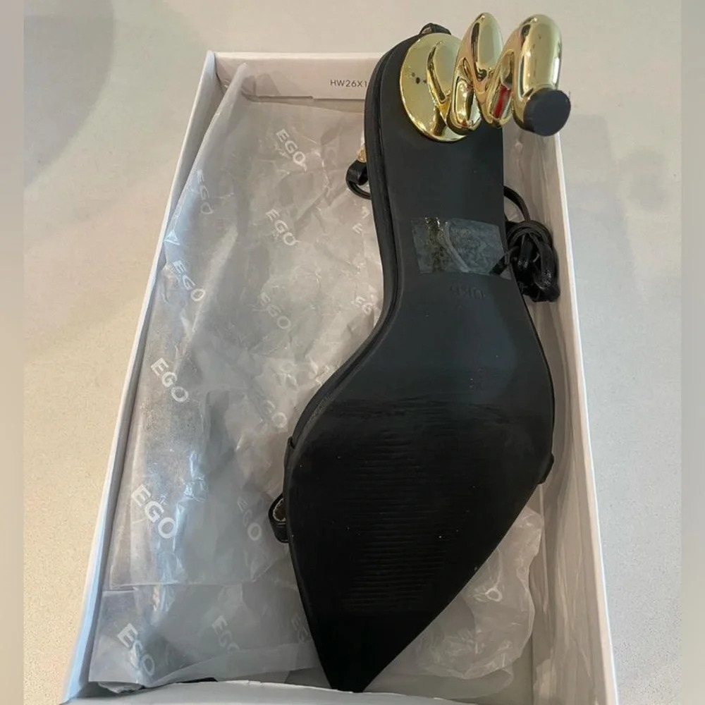 New EGO Black Faux Leather Spiral Gold Heel Sandals Size 8 - Picture 4 of 6